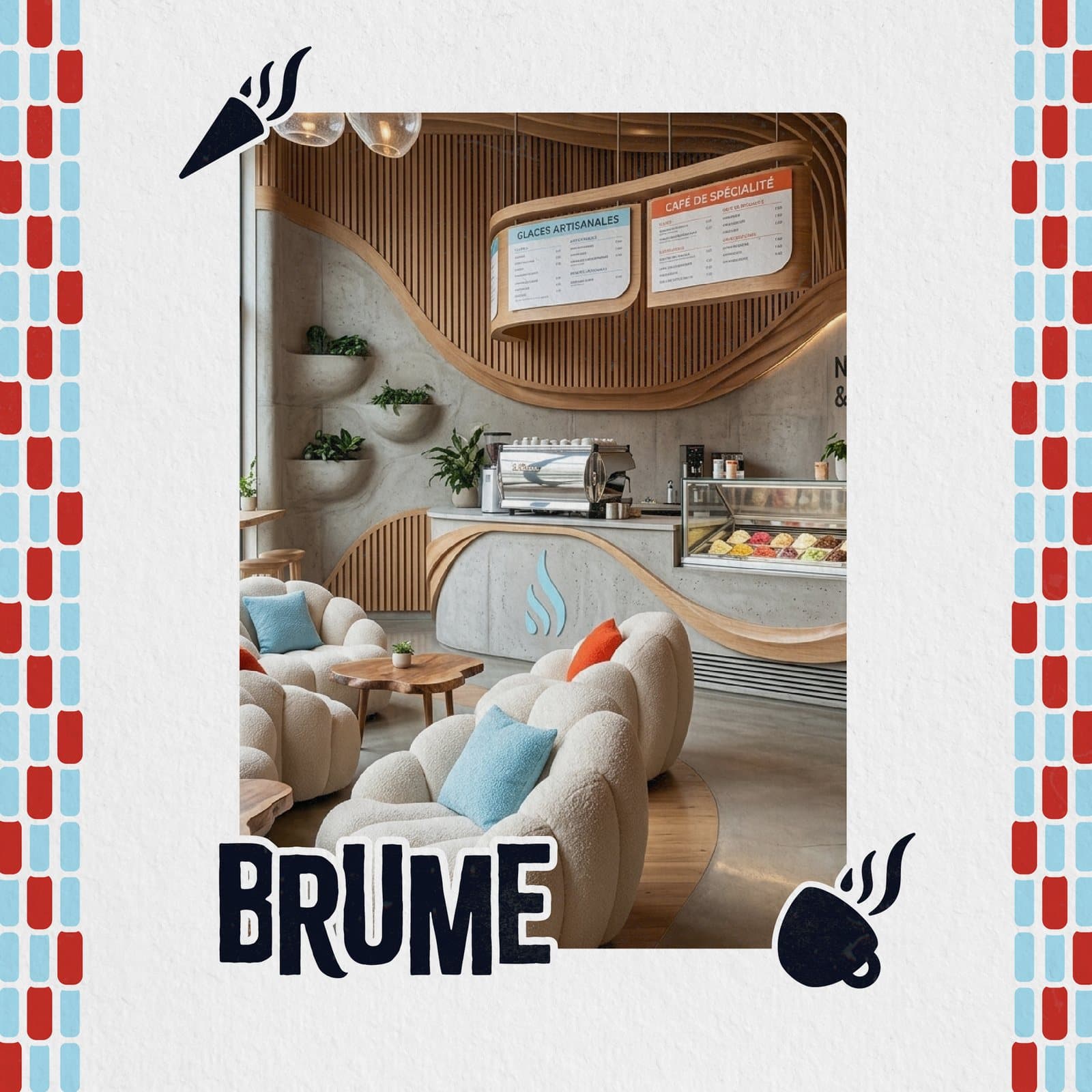 Intérieur du Café BRUME, béton clair, bois et touches bleu et orange